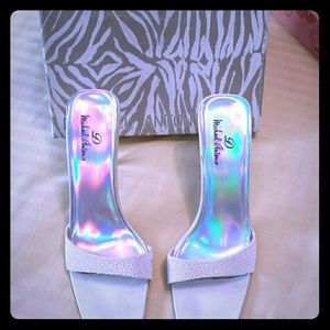 White slip in stiletto heels sandals